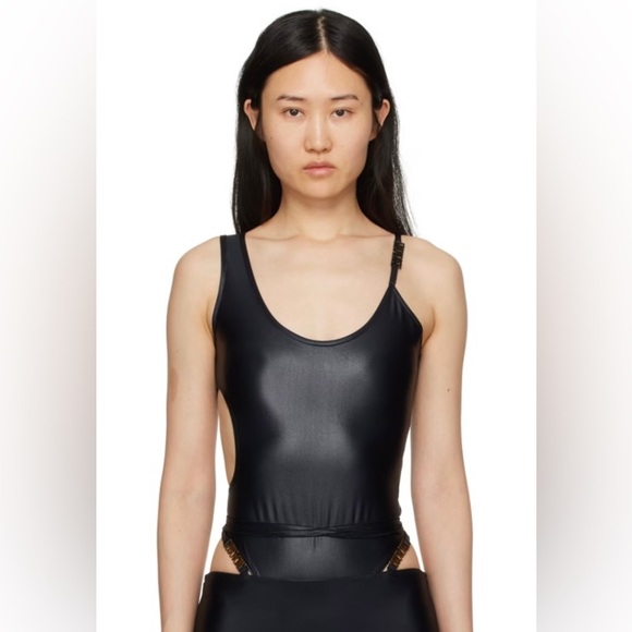 Versace Jeans Couture Tops - NWT Versace Jeans Couture Black Shiny Asymmetrical Cutout Bodysuit Size Small